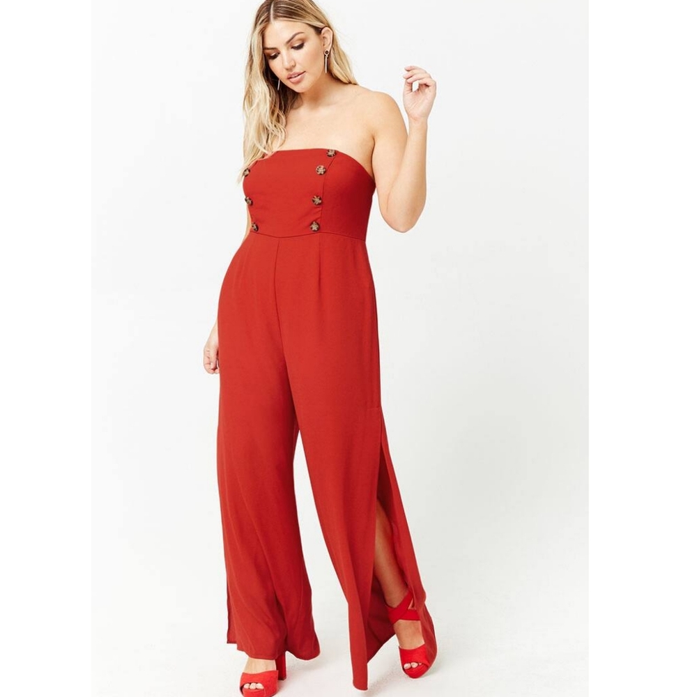 Red Double Breasted Strapless Jumpsuit